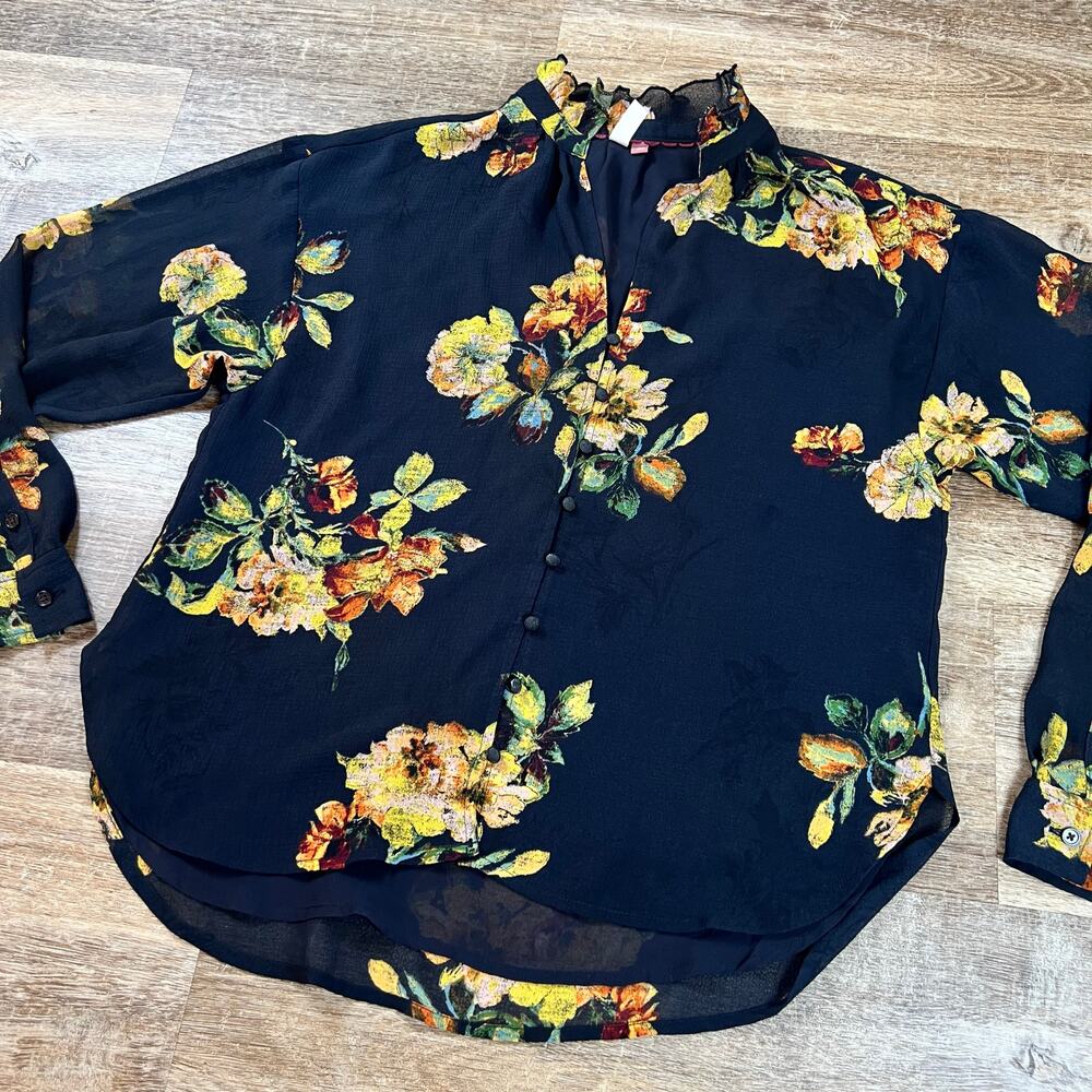 Pilcro Anthropologie Tavi Buttondown Blouse Floral Black Date Night Nice Sheer